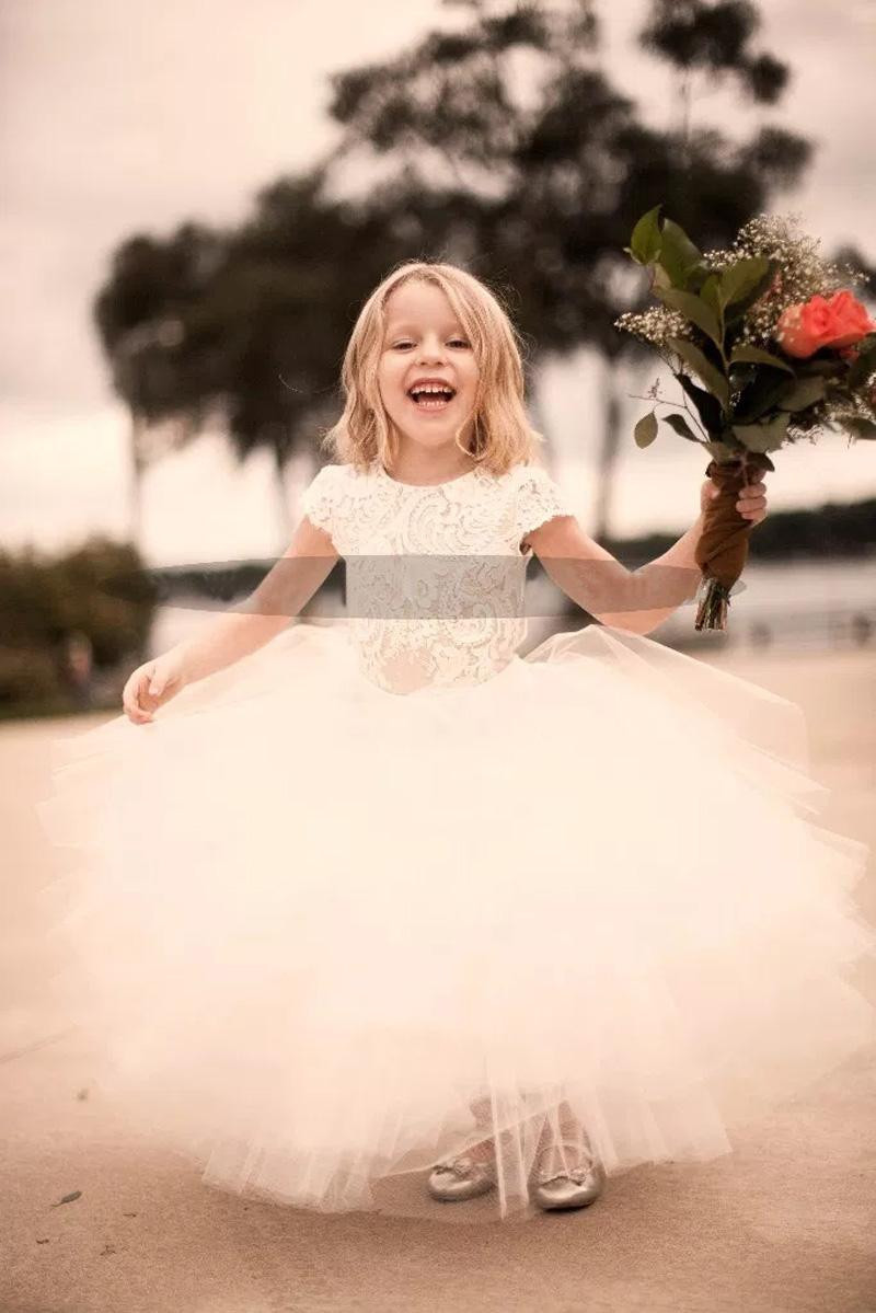 

2020 New Arrival White Lace and Tulle Flower Girl Dress Short Sleeve Sash Layed Tutu Skirt Kids Formal Wear Dresses Custom Made, Champagne