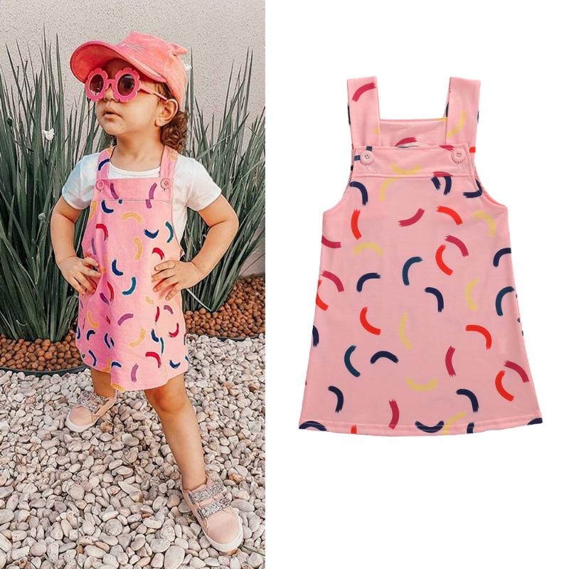 

Sweet Aesthetic Step Kid Girl Summer Casual Dress Bib Button Print Pink Princess Outdoor Dress Outfit, As pic