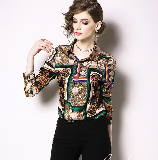 

Scarf Chain printed long sleeve brown women blouses with single breasted summer shirts lapel neck fashion ladies shirts