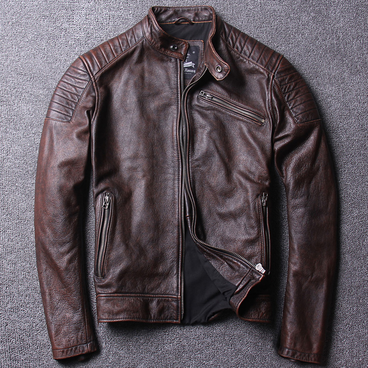 

Genuine Halley Men' Leather jacket Retro vintage Red-brown cowhide coat Stand collar Slim short Motorcycle clothing winter