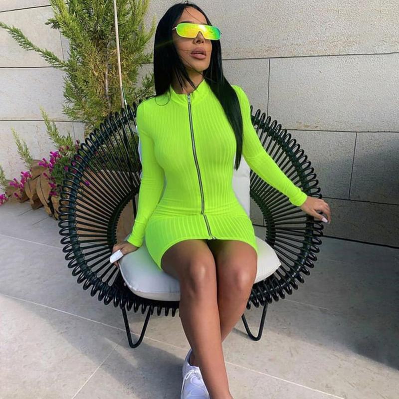 

2019 Solid Color Zipper Long Sleeve Buttocks Dress, Green