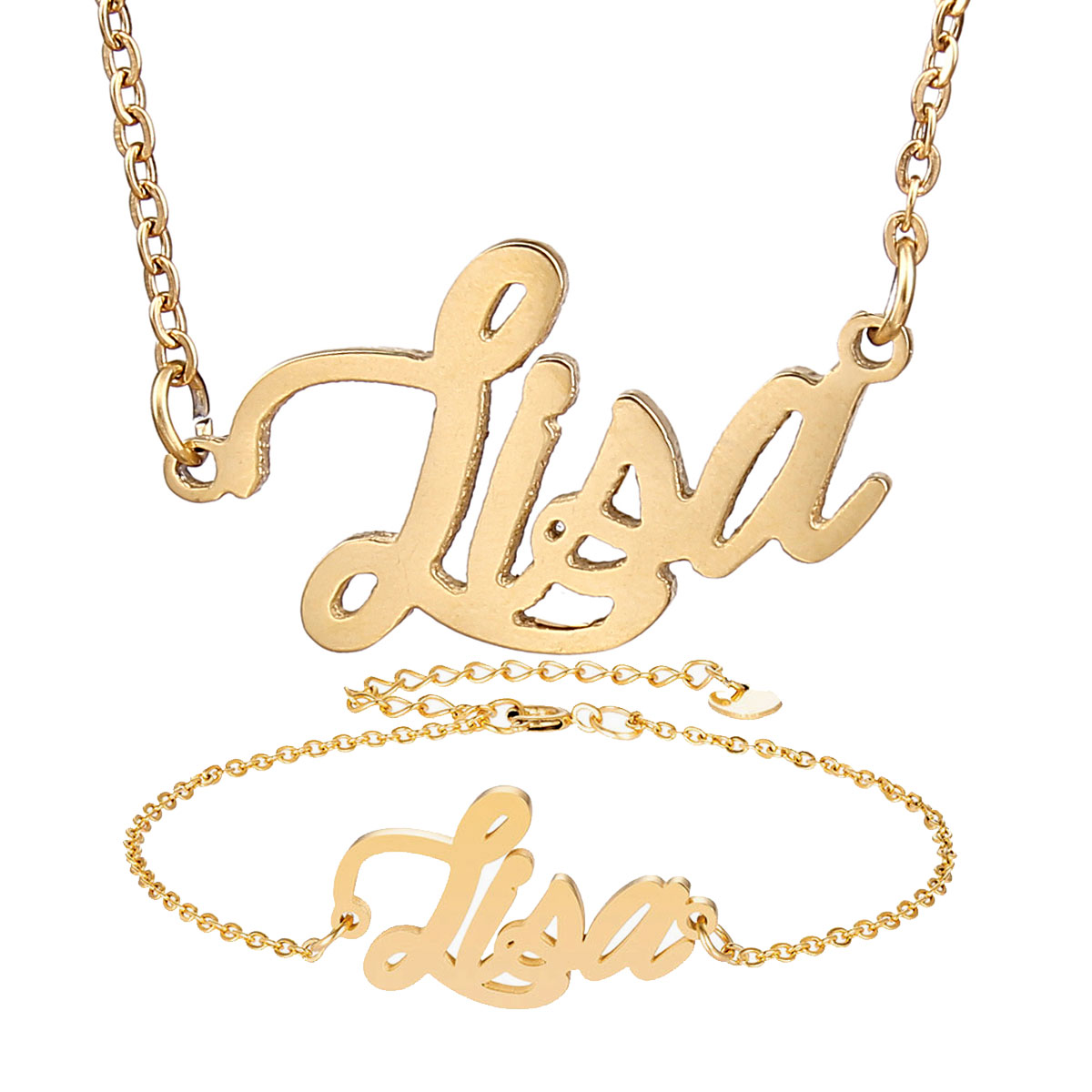 

Fashion Stainless Steel Nameplate Necklace + Bracelet Set for Women " Lisa " Script Letter Gold Choker Chain Necklace Pendant Nameplate Gift