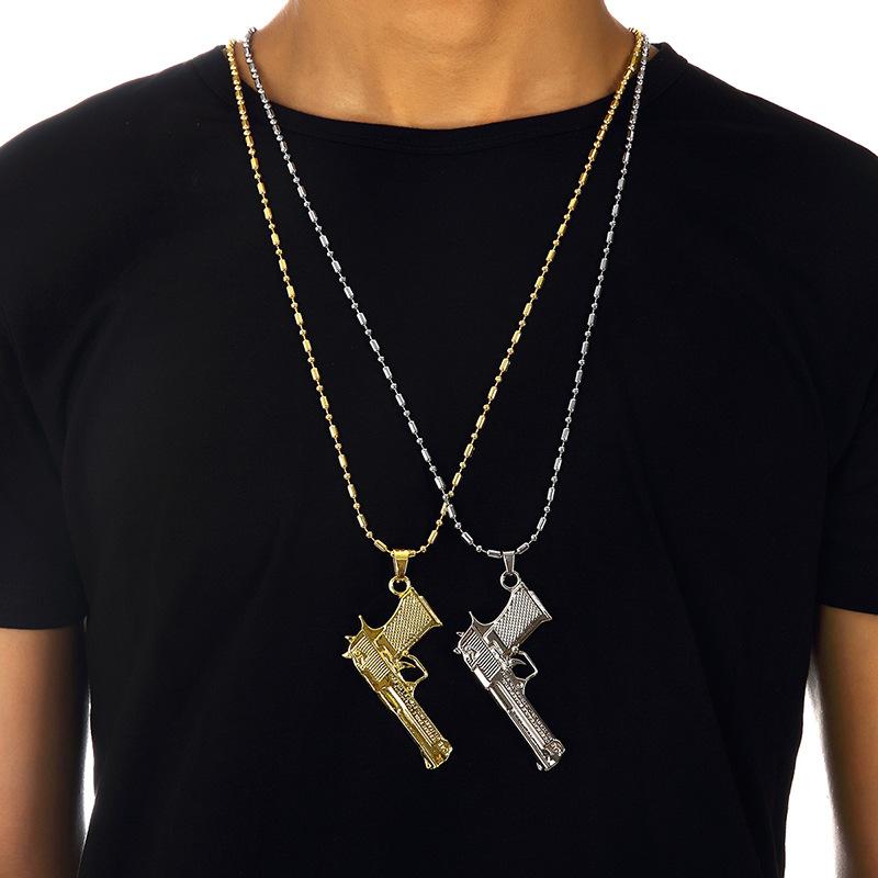 

Wholesale-Personality European Style Hip Hop Chain Revolver Gun Pendant Necklace Men Gold Plated Stainless Steel Vintage Gun Necklace