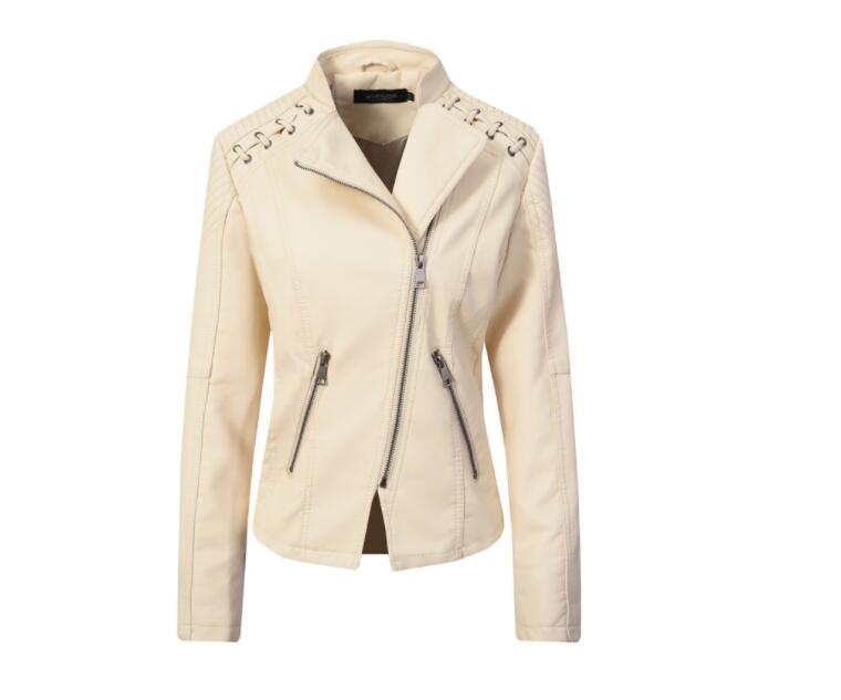 

Women' jacket new quality 2020 autumn casual lapel zipper hair band ladies motorcycle leather jacket chaquetas mujer, Beige