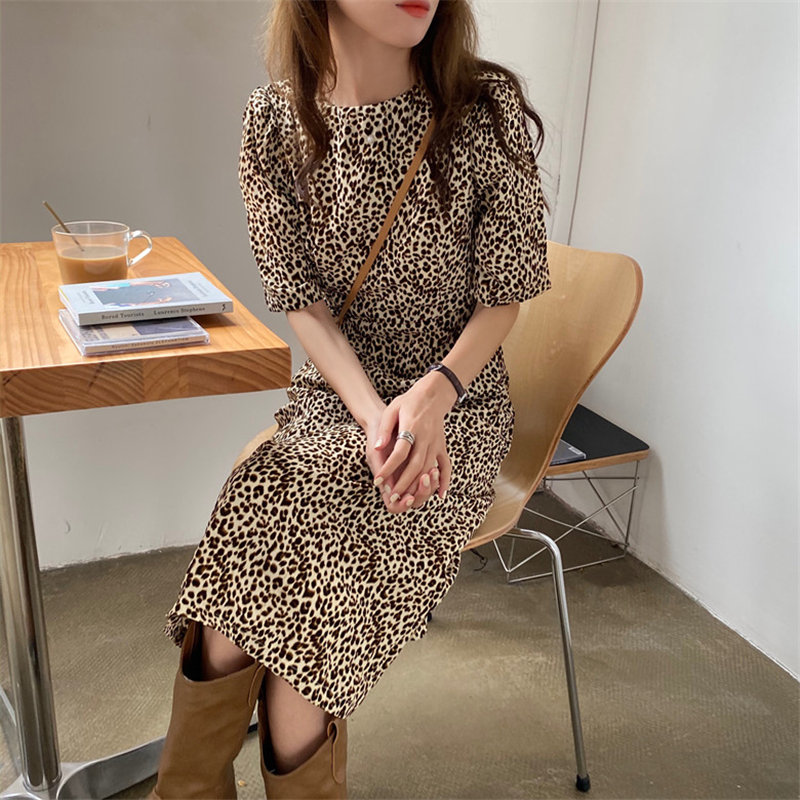 

New Leopard Waist-Controlled Hot Chic 2020 All Match Short Sleeve Summer Gentle A-Line Vintage Hot Long Dresses Vestidos, Khaki