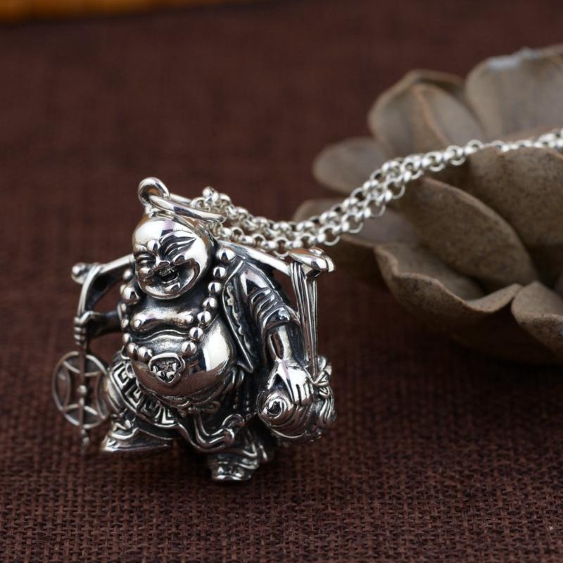 

Pendant Necklaces 100% 925 Silver Laughing Buddha Necklace Real Wealth Happy Amulet Good Luck