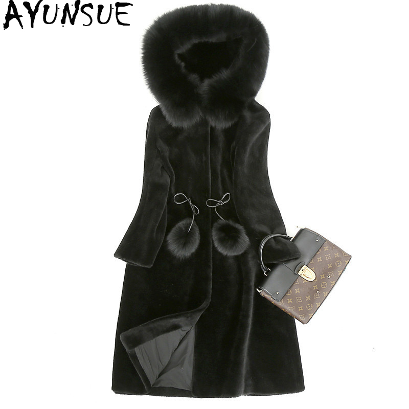 

AYUNSUE Real Fur Coat Female Natural Sheep Shearing Overcoat With Genuine Fur Collar Hooded Wool Winter Jacket Women WYQ835, Wine red