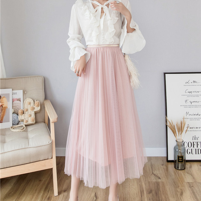 

Ailegogo High Waist Women A-line Long Mesh Skirts Causal Female Solid Color Tulle Elastic Waist Pink White Pleated Skirt, Beige