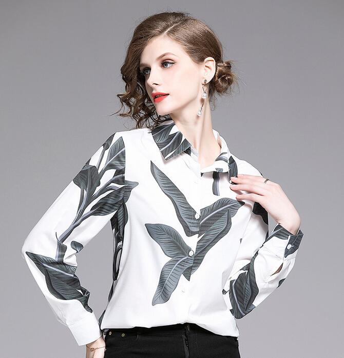 

leaf printed long sleeve white women blouses summer shirts lapel neck fashion ladies shirts, Multi