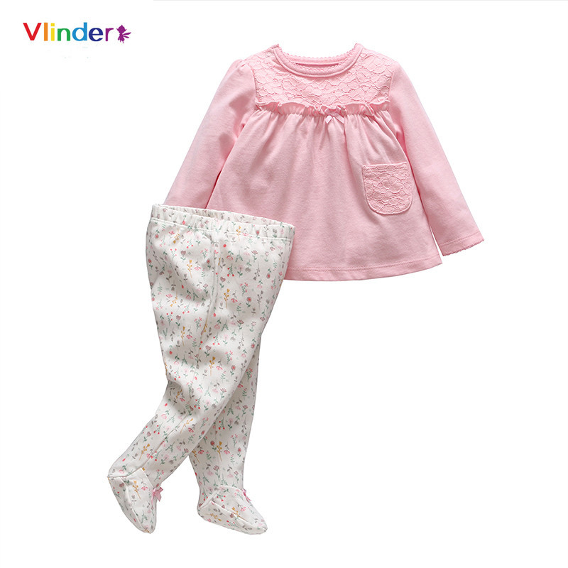 

Vlinder 2020 New 2pcs Cotton Sweet Infant Sets Casual Baby Girls Spring Autumn Long Sleeves Lace Pocket T Shirt Floral Trousers, Footless