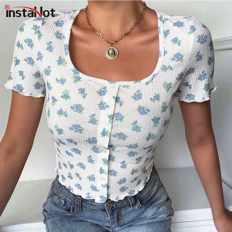

InstaHot Floral Printed t shirt Button Women Short Sleeve Cute Casual Cropped Top Slim Vintage T shirt 2020 Bodycon Tee Top, White t shirt