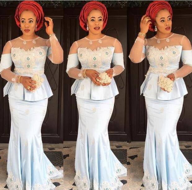 

Nigerian lace Mermaid Evening Formal Dresses with Long Sleeve Glamorous Aso Ebi Styles Lace Applique Trumpet African prom Gowns with peplum, Coral