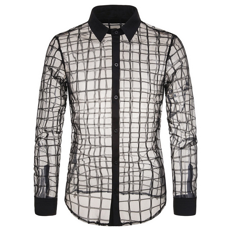

Men Shirt Stage Slim Fashion Plaid shirts Transparent Lapel Shirt Casual Transparent Men's Long Sleeve Size S-2XL, Black