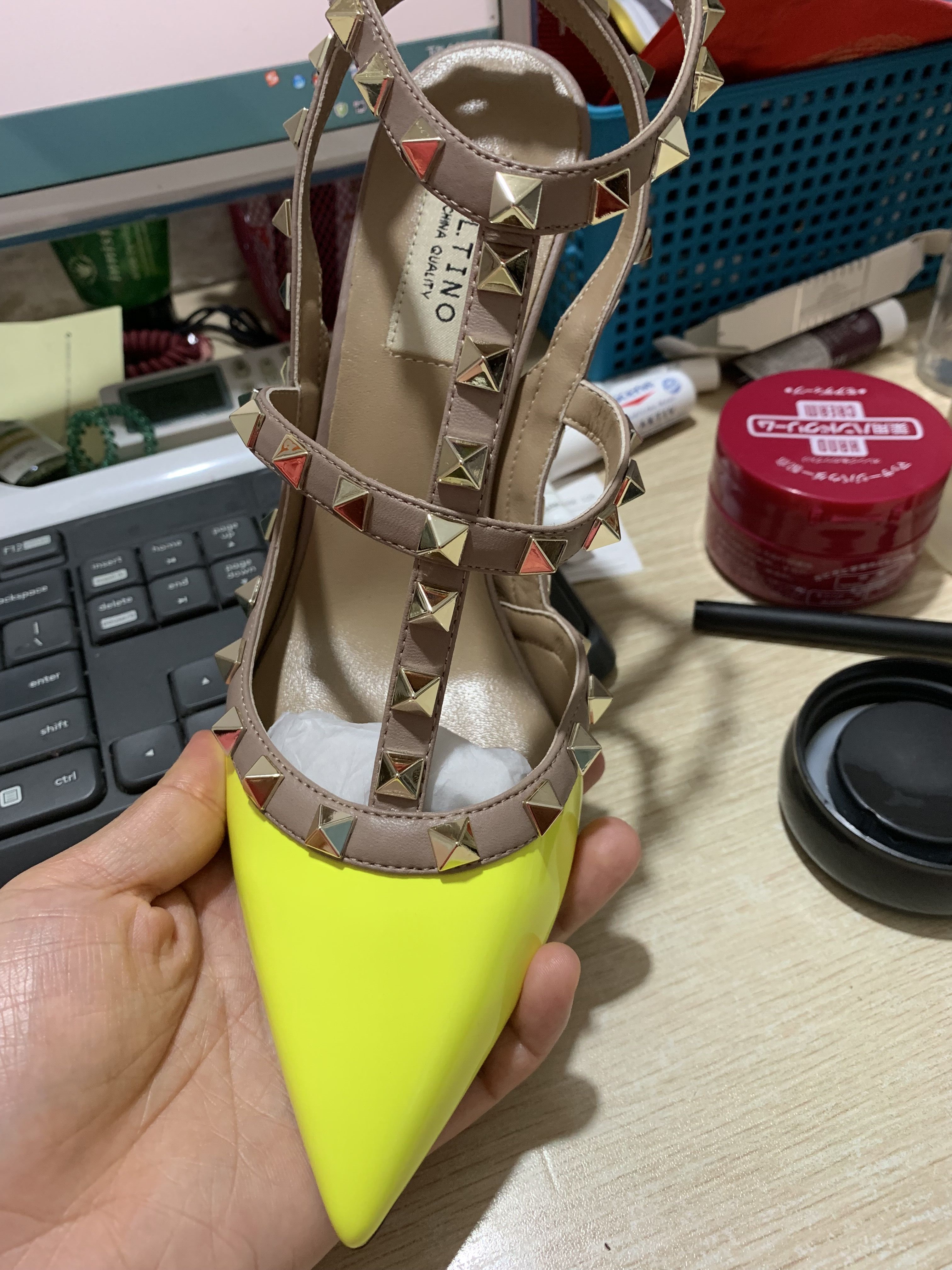 

Casual Designer Sexy lady fashion women pumps neon patent leather spikes wrap strappy slingback high Heels sandals shoes Stiletto 9.5cm, Yelow 9.5cm