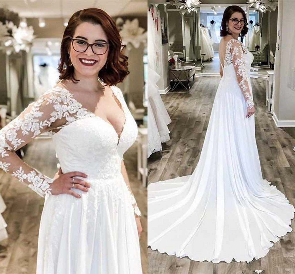 

Sexy V neck Back Bohemian Wedding gown Dresses Long Illusion Sleeves Applique Lace Chiffon Plus size Designer Wedding Gowns, Burgundy