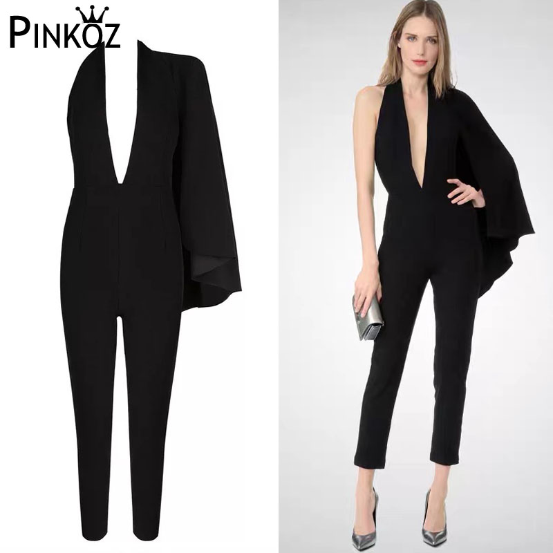 

Pinkoz Celebrity Runway Jumpsuit Women 2020 Black Deep V-Neck Halter Half Rompers Jumpsuit Bodycon Bodysuits Celebrity Runway