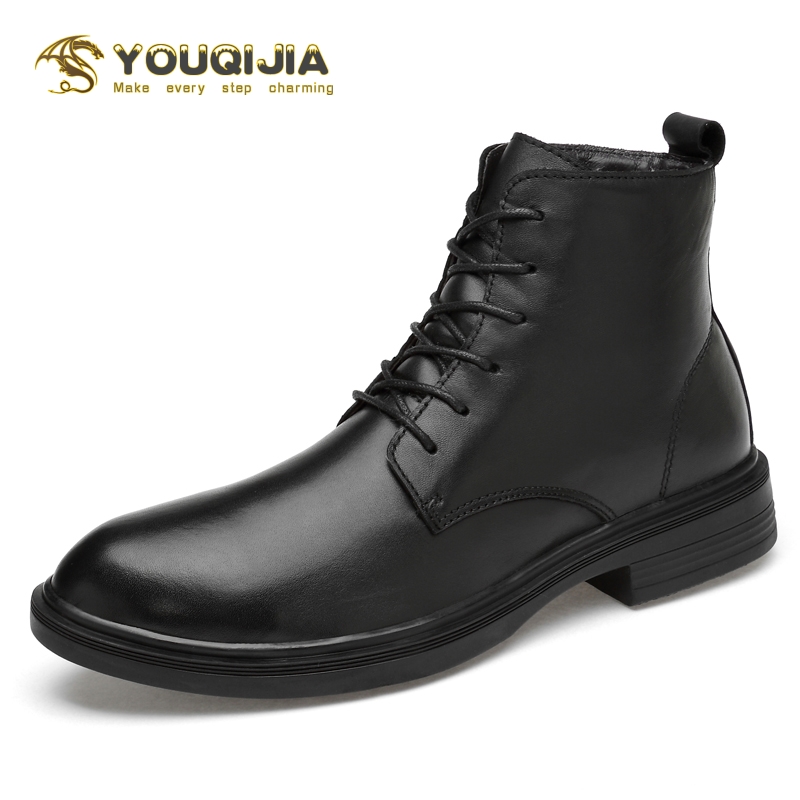

YOUQIJIA 2020 New Soft Genuine Leather Boots Men Male Shoes Motocycle Boots Winter Warm Ankle, No-fur