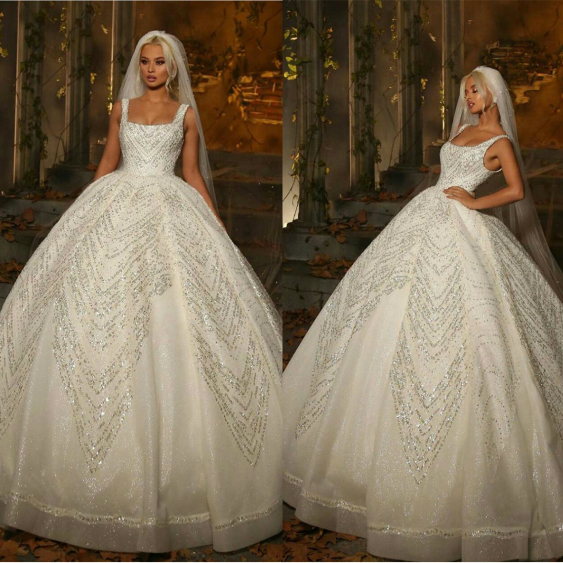 

Princess Lace Wedding Dresses Square Neck Appliqued Beads Sequins Bridal Gowns Sweep Train Ball Gown Wedding Dress robe de mariée, Gold