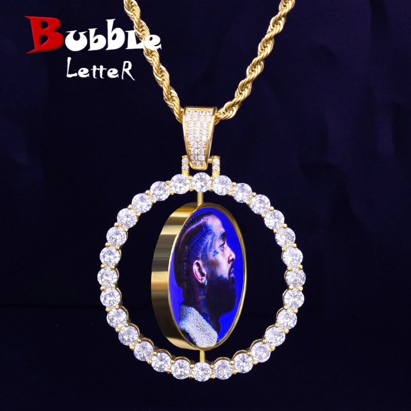 

Custom Made Photo Rotating double-sided Medallions Pendant Necklace 4mm Tennis Chain Zircon Men's Hip hop Jewelry 2x1.65 inch