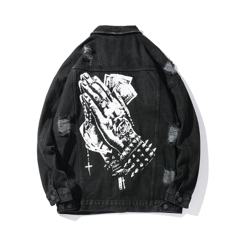 

Ripped jacket men' streetwear lapel jeans jacket men' windbreaker hip hop denim, Black