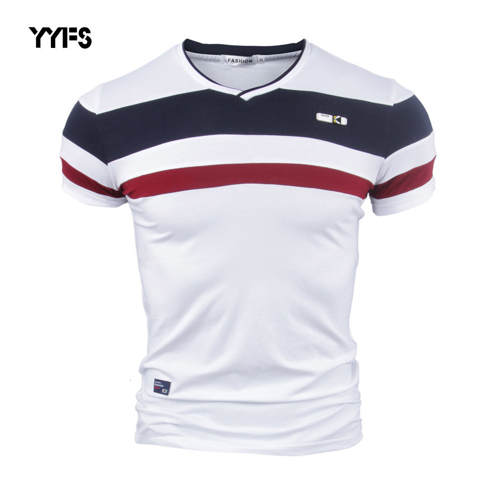 YYFS Men Short Sleeve T Shirts for Man 2018 New Summer 100% Pure Cotton Vintage Patchwork Tees V neck Cotton tshirt Homme M-4XL CY200515