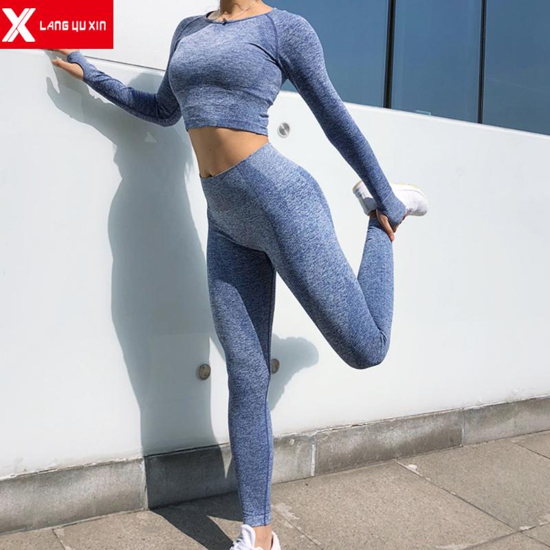 

2020 New Women Sport Outfits Tracksuit Sportwear Set Tummy Control Pants Long Sleeve Crop Top Skinny Yoga Legging, Shirt purple