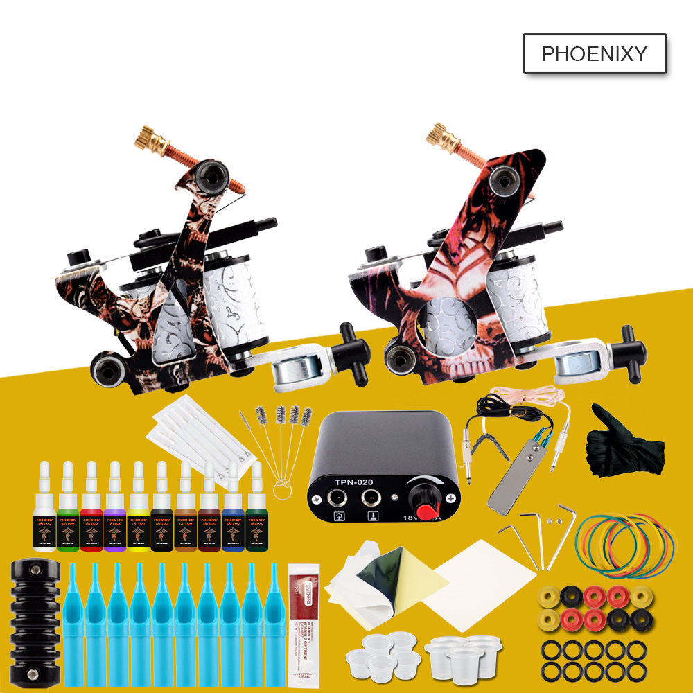 

Complete Tattoo Machine Kit Set 2 Coils Guns 6/10/20 Colors Black Pigment Sets Power Tattoo Beginner Grips Kits Permanent Makeup