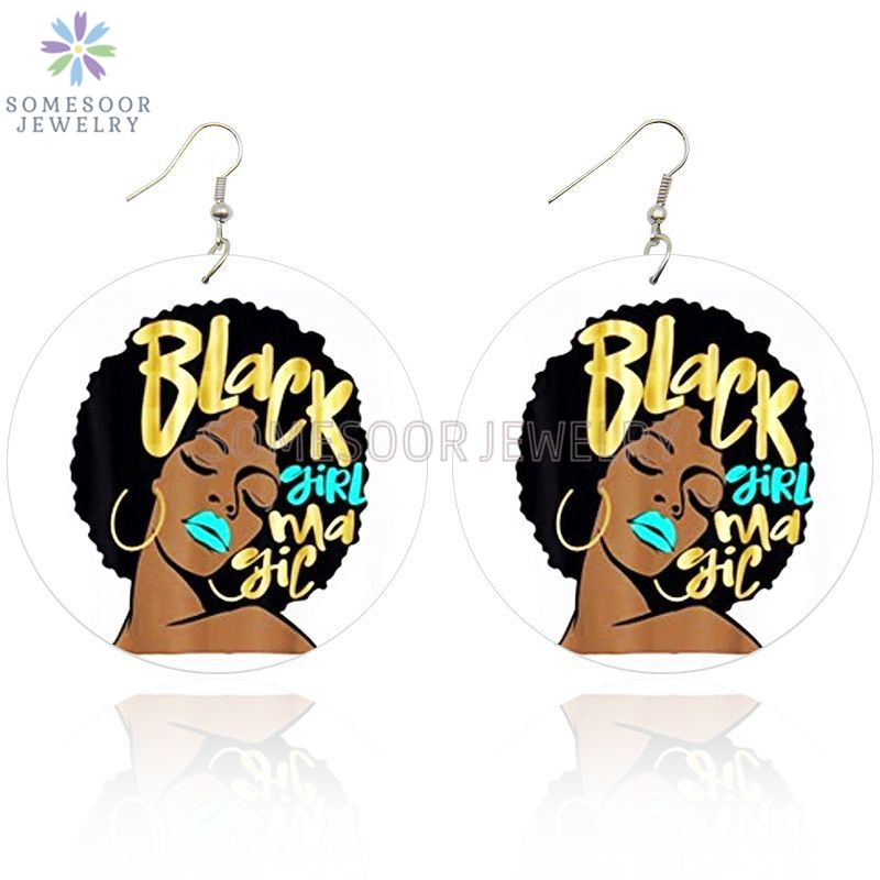 

SOMESOOR Black Girl Magic Loops Wooden Drop Earrings Afro Natural Hair Melanin Poppin Art Both Sides Printed For Women Gifts