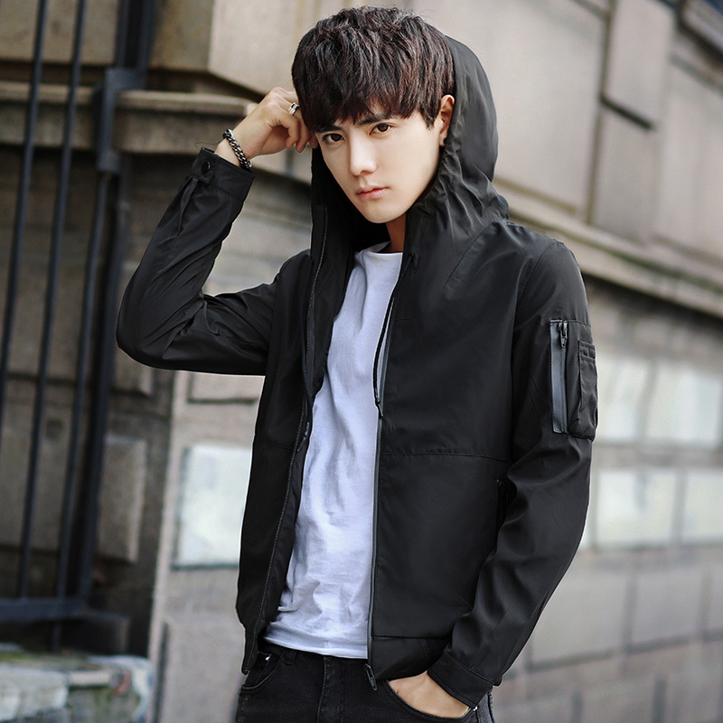 

Spring And Autumn New Style Men Hooded Solid Color Slim Fit Coat Youth Origional Hong Kong Style Casual Jacket Men's, Dark blue