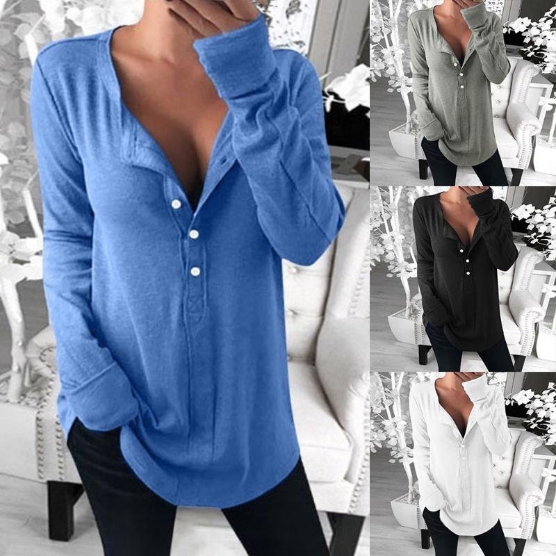 

Womens Button Pullover Long Sleeve V Neck Loose Casual Tops Leisure Blouse 2020 Fashion Long Sleeve Women Blouses Tops, Black
