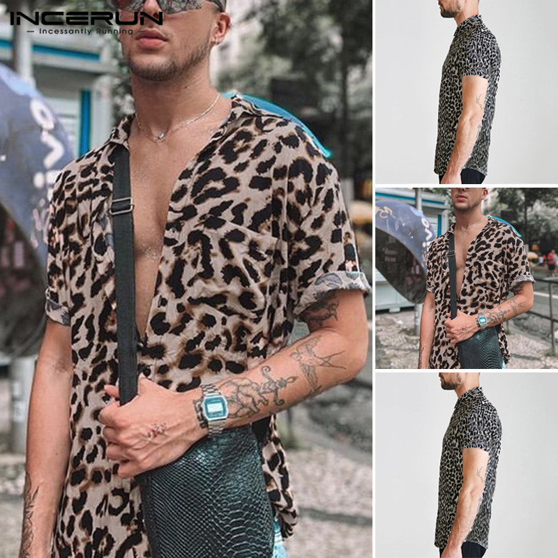 

Men Short Sleeve Lapel Shirt Casual Floral Blouse Men Hawaiian Beach Tops Summer Leopard Print Shirts Camisa INCERUN Plus Size, Khaki