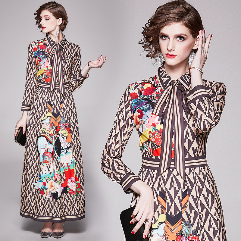 

Spring Summer Fall Runway Vintage Floral Letter Print Collar Ribbon Long Sleeve Empire Waist Women Ladies Casual Party Maxi Beach Dress, Multi