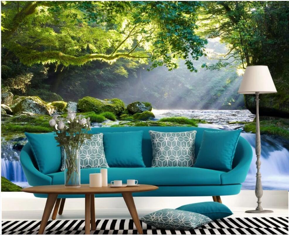 

3d wallpaper wall stickers custom Green forest waterfall scenery floral modern wall wallpaper, Non-woven wallpaper