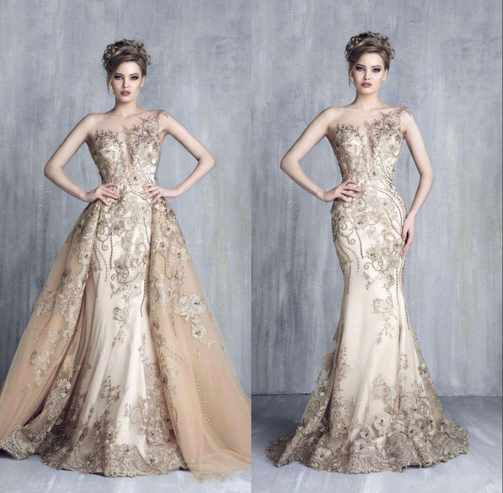 

Tony Chaaya Champagne Evening Dresses With Detachable Train Lace Applique Beads Mermaid Prom Gowns Luxury Party Dress robes de soirée, Light sky blue