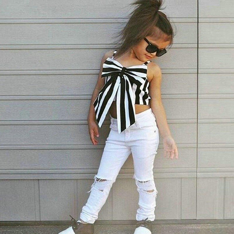 

Fashion Girls Suit stripe Tops + pants 2 Pieces The Strapless Set Kids Bowknot Hole white Jeans girls clothing set, As picter