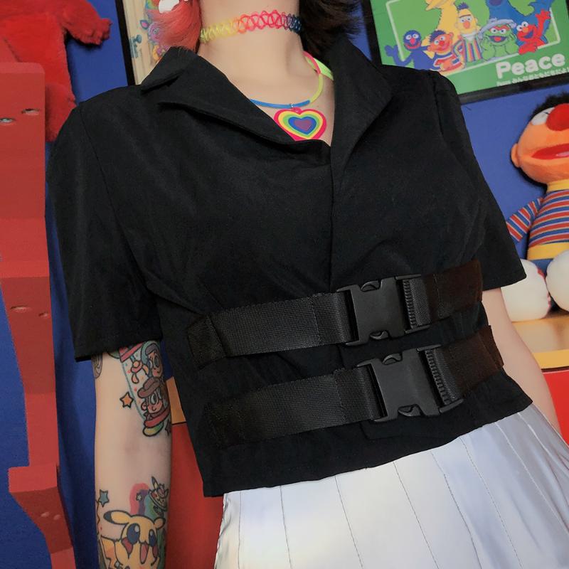 

Euro-American Design Sensitive Bumper-Di Tuku Girl Black Tide Lap-Up Open-Collar Short Jacket