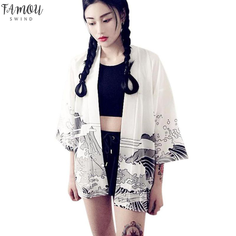 

2020 Vintage Japanese Harajuku Style Waves And Wind Dragon Japanese Kimono Print Cardigan Summer Women Clothings Blouse, White