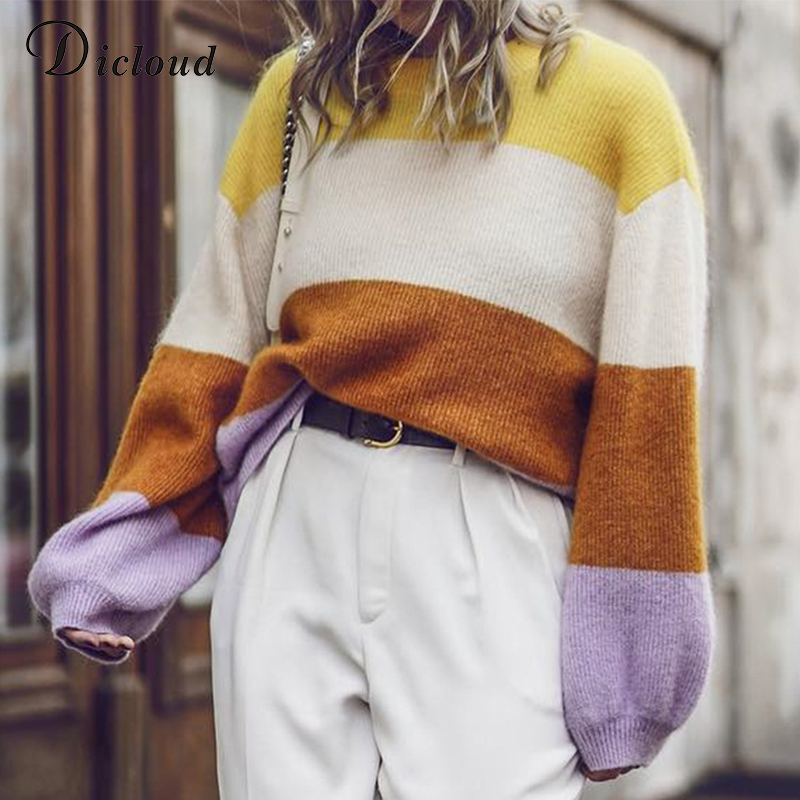 

DICLOUD Wool Rainbow Sweater Women Winter 2019 Oversized Long Sleeve Jumper Contrast Striped Pullover Casual Knitwear, Multi