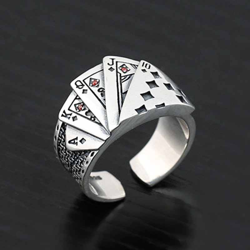 

New Trending Lucky Card Ring Vintage Personality Open-ended Alloy Lucky Punk Card Band Ring with Red Gemstone for Men and Women JZR398