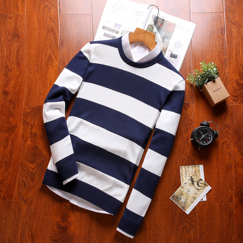 

2020 New Men's Sweater Round Neck Cotton Pullover Korean Slim Fashion Striped Knitted Sweaters, Gray white
