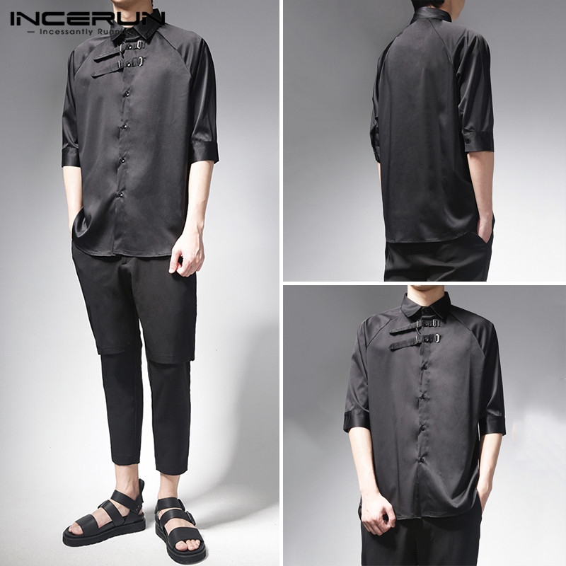 

Mens Vintage Half Sleeve Shirt Male Turndown Collar Solid Color Camisa Black Casual Slim Blouse Man Fashion Stylish Top INCERUN