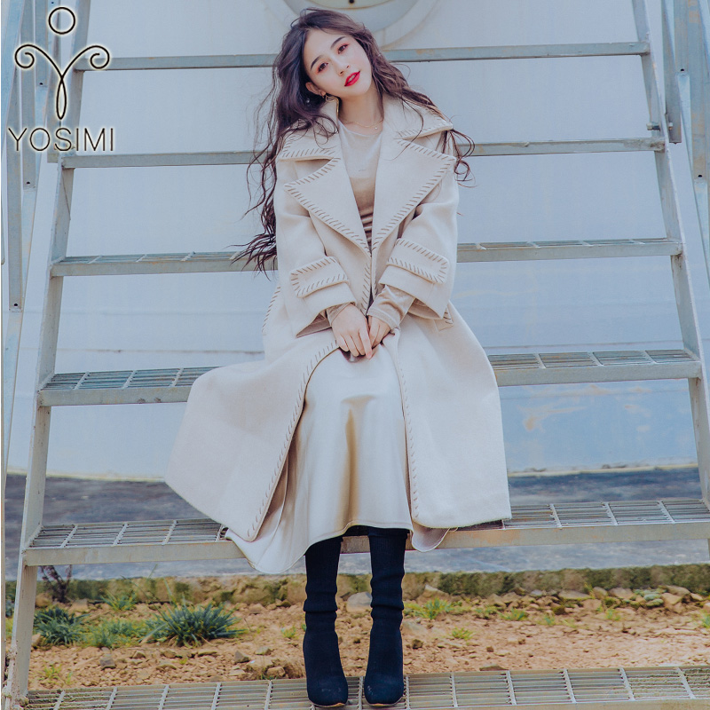 

Long Coat Autumn Winter Maxi Elegant Wool Long Women Coat Loose Female Casual Widi-waisted Manual Turn-down Collar Beige, As pic