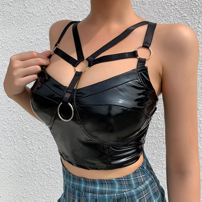 

Sexy Hollow Out Camis Women Gothic Punk PU Leather Backless Bodycon Top Tanks 2020 Streetwear Fashion Casual Black Camis Female