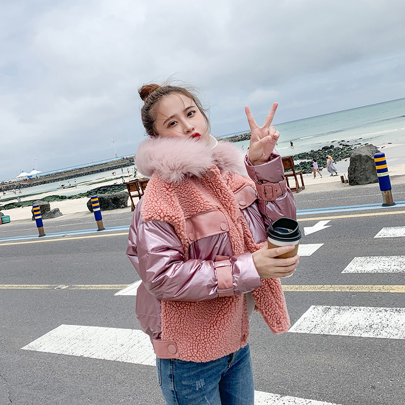

2020 winter thickened warm jacket women's new fur collar lamb wool splicing short coat Female Down cotton Outwear Windproof, Yellow