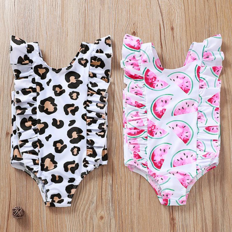 

Baby Girls Swimwear Printed Toddler Swimsuit Ruffles Infant Swim Suit Children Bathing Suit Swimming Clothes Leopard Watermelon 2 Style 5087, As picture