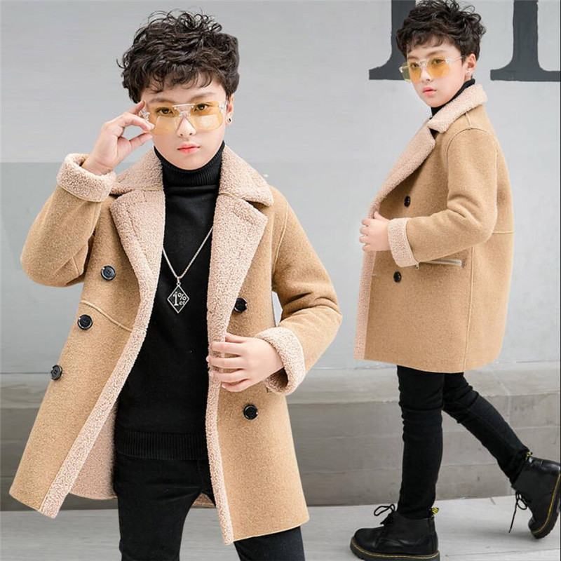 

Winter Children Boys Fashion Woolen Coat Kids Boys Plus Velvet Thicken Warm Outwear Teenage Long Wool Jacket Overcoats, Khaki