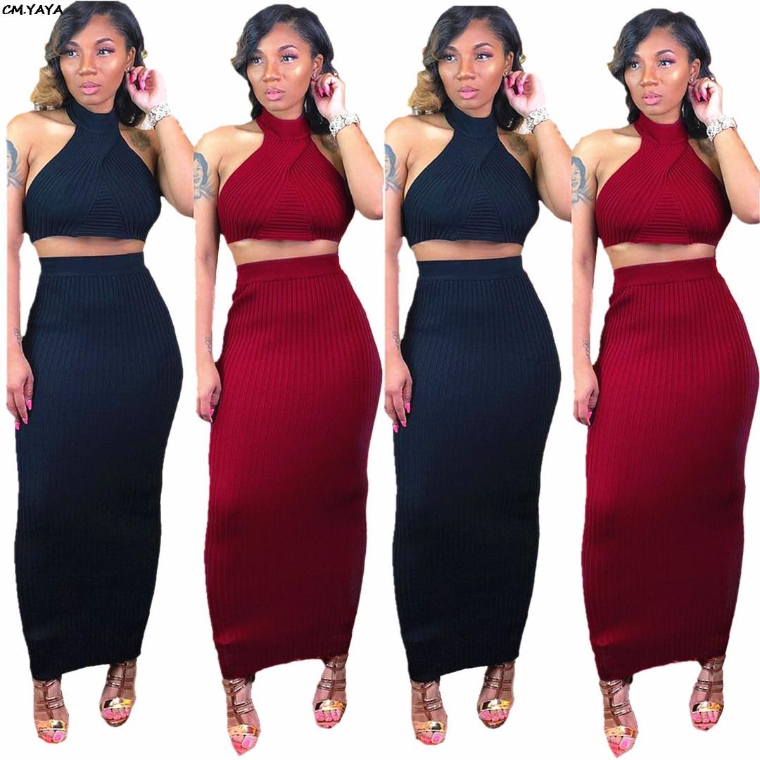 

2019 new women outfit knitted sleeveless crop top bodycon maxi midi skirts suit 2pcs set sexy long dress pencil tracksuit L5043, Red
