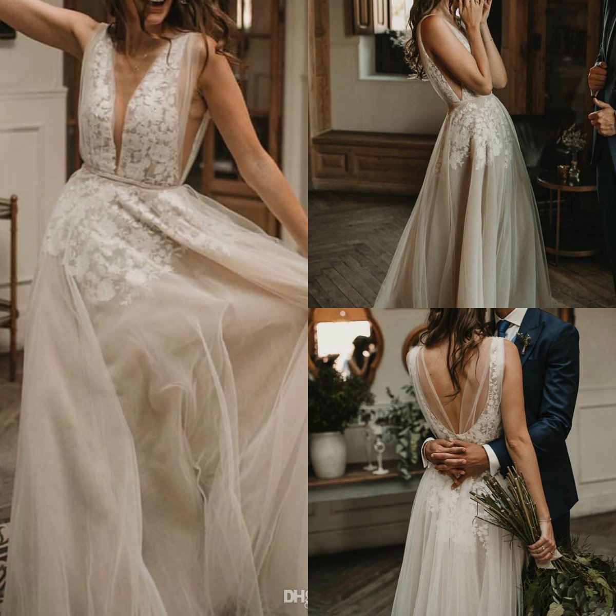 

2019 Boho Wedding Dresses Backless Plunging Depp V-Neck Summer Beach Bridal Gown Gorgeous Lace Dusty Dresses for Bride, Ivory