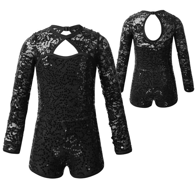 

iEFiEL Kids Girls Floral Lace Long Sleeves Shiny Sequins Keyhole Back Ballet Dance Gymnastics Leotard Jumpsuit Biketard Dress, Black