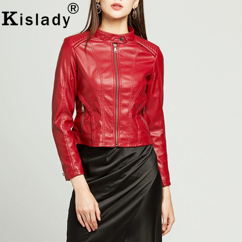 

2019 Fashion Women' PU Leather Jacket Red Black Yellow Faux Leather Coat Cool Biker Jacket Gothic Autumn Winter Outwear